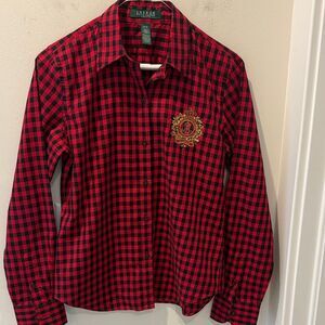 Lauren Ralph Lauren Red and Black Gingham Button Down with Embellished Logo PS